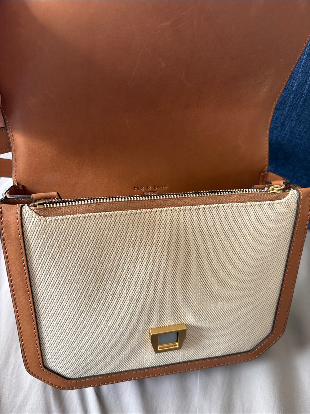 Rag & Bone New York Tan Leather and Canvas Shoulder Bag Adjustable Strap w/dusty - Picture 6 of 16